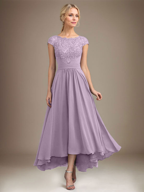 A-Line Scoop Neck Illusion Asymmetrical Lace Chiffon Mother of the Bride Dress with Pleats