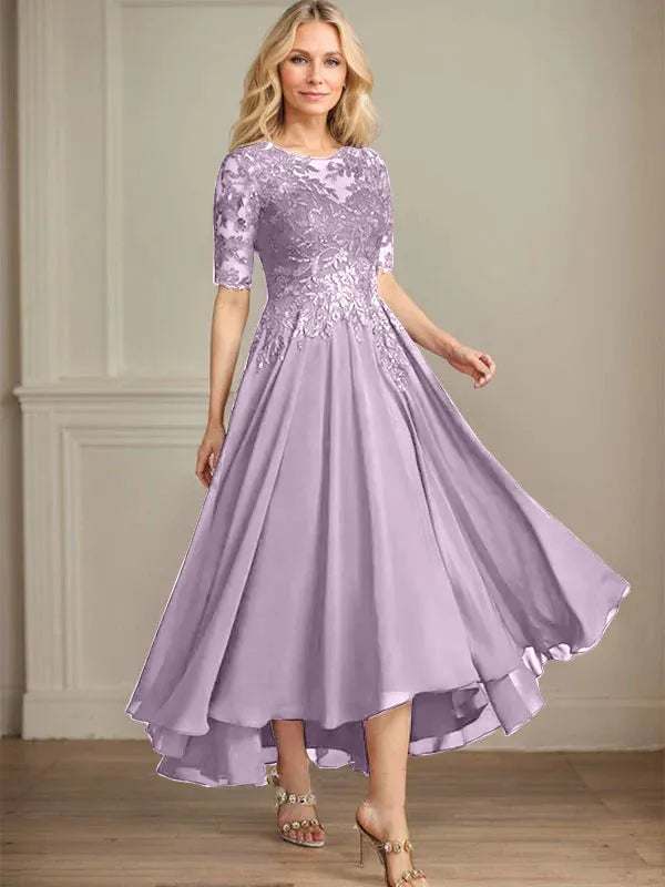 A-Line Scoop Neck Illusion Asymmetrical Chiffon and Lace Mother of the Bride Dress with Sequins