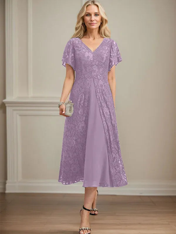A-Line V-Neck Tea-Length Lace Chiffon Mother of the Bride Dress