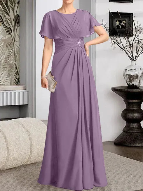 A-Line Scoop Neck Floor-Length Chiffon Mother of the Bride Dress with Pleated Beading