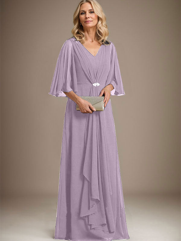 A-Line V-Neck Floor-Length Chiffon Mother of the Bride Dress with Cascading Ruffles and Crystal Brooch