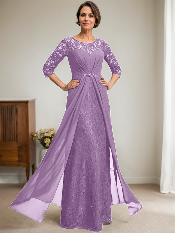 A-Line Scoop Neck Illusion Floor-Length Lace Chiffon Mother of the Bride Dress with Beaded Ruffles