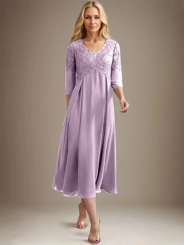 A-Line V-Neck Tea-Length Chiffon Lace Mother of the Bride Dress with Beading