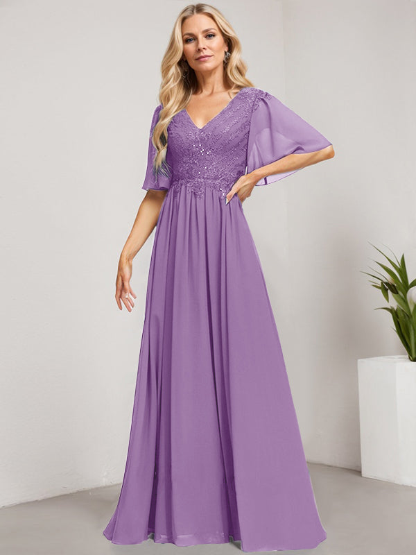 A-Line V-Neck Floor-Length Lace Chiffon Mother of the Bride Dress with Sequins