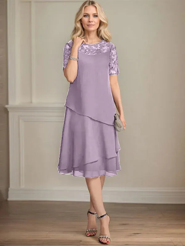 A-Line Scoop Neck Illusion Knee-Length Lace Chiffon Mother of the Bride Dress with Sequins
