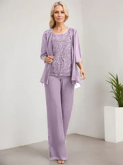 Floor-Length Lace Chiffon Mother of the Bride Jumpsuit/Pantsuit with Scoop Neck and Sequins