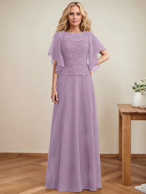 A-Line Scoop Neck Illusion Floor-Length Lace Chiffon Mother of the Bride Dress with Sequins
