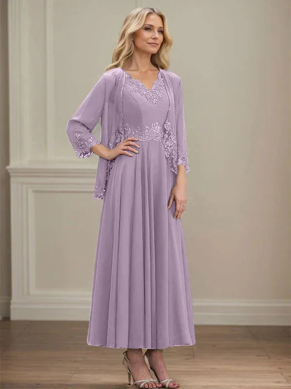 A-Line V-Neck Chiffon Mother of the Bride Dress with Sequins, Appliques, Lace, and Beading at Ankle Length
