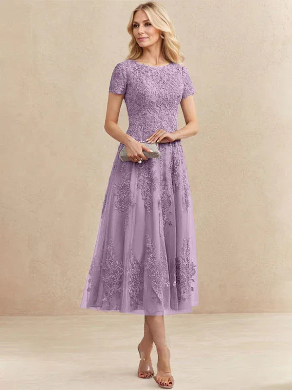 A-Line Scoop Neck Tea-Length Tulle Lace Mother of the Bride Dress