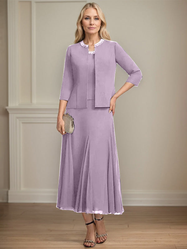 A-line Scoop Tea-Length Chiffon Mother of the Bride Dress with Sequins and Beading Separates
