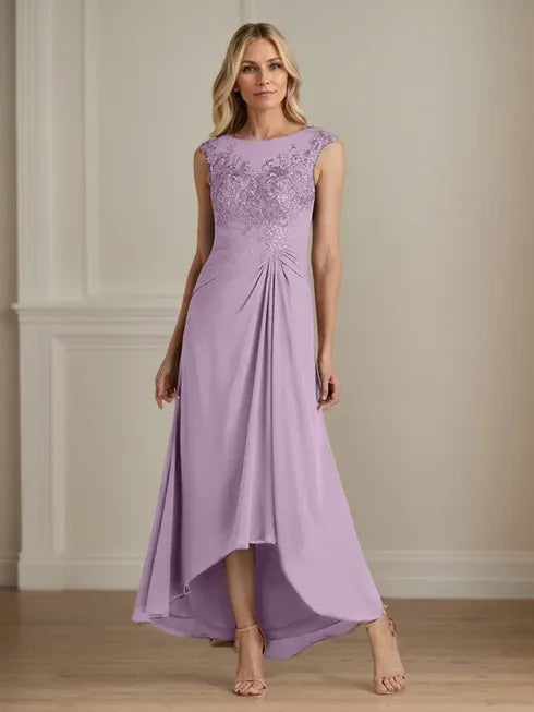 Champagne A-Line Lace and Chiffon Scoop Neck Dress