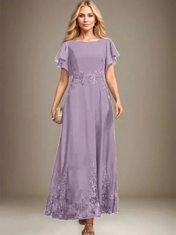 A-Line Scoop Neck Ankle-Length Lace and Chiffon Mother of the Bride Dress with Sequins