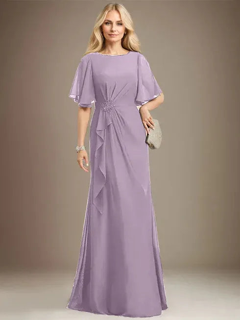 A-Line Scoop Floor-Length Chiffon Mother of the Bride Dress with Cascading Ruffles, Beading, and Sequins