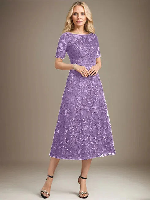 A-Line Scoop Neck Illusion Tea-Length Lace Mother of the Bride Dress with Sequins