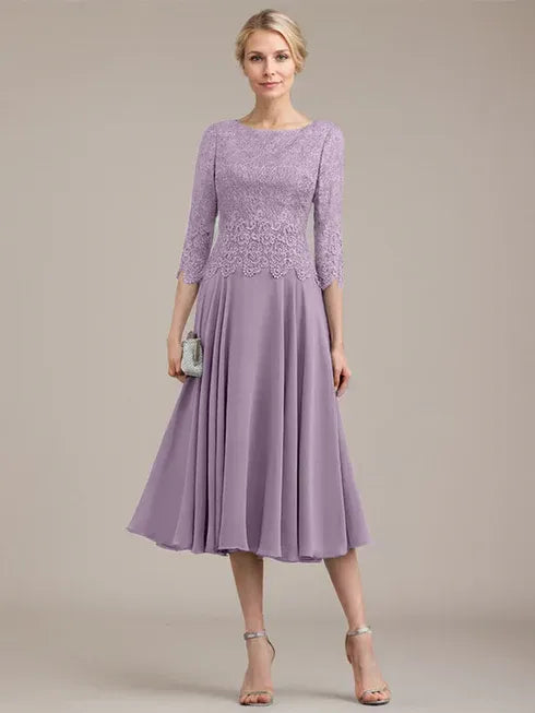 A-Line Scoop Neck Tea-Length Lace Chiffon Mother of the Bride Dress