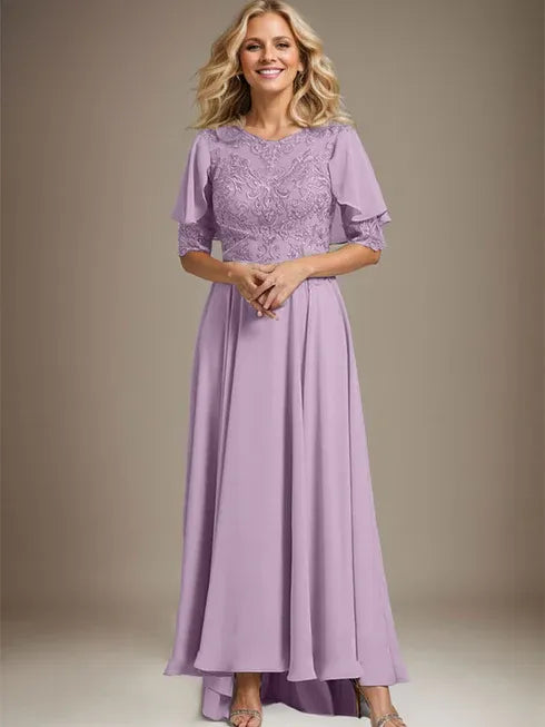 A-Line Scoop Neck Illusion Asymmetrical Chiffon and Lace Mother of the Bride Dress with Beading