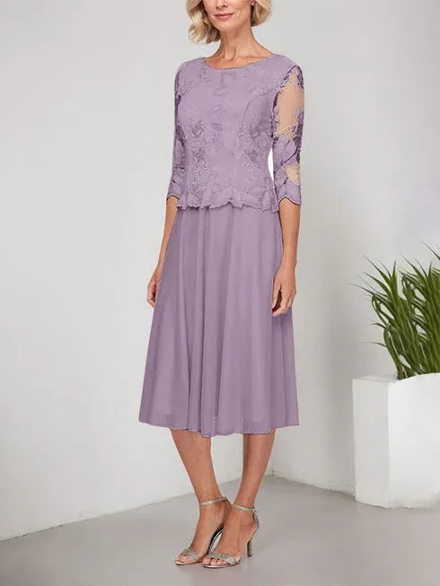 A-Line Scoop Neck Tea-Length Lace Chiffon Mother of the Bride Dress with Embroidery