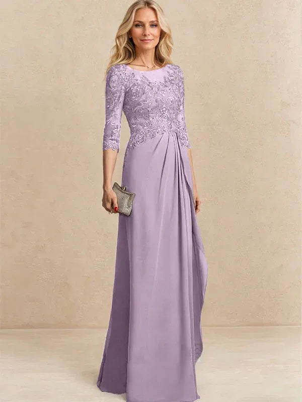 A-Line Scoop Illusion Floor-Length Chiffon and Lace Mother of the Bride Dress with Beading, Sequins, and Cascading Ruffles