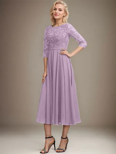 A-Line Scoop Neck Tea-Length Lace Chiffon Mother of the Bride Dress with Sequins