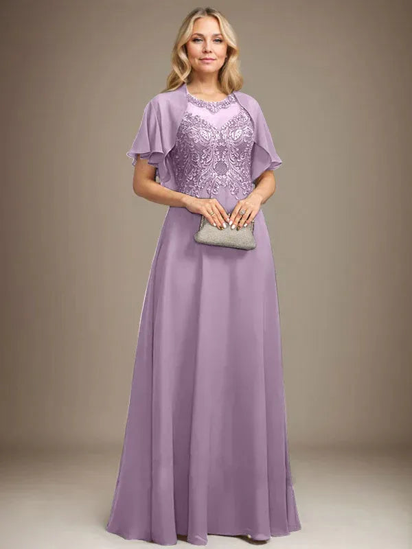 A-Line Scoop Neck Illusion Floor-Length Lace Chiffon Mother of the Bride Dress with Sequins