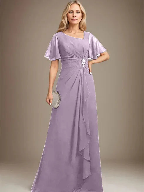 A-Line Asymmetrical Floor-Length Chiffon Mother of the Bride Dress with Pleated Beading and Sequins