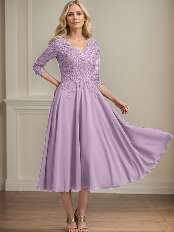 A-Line V-Neck Tea-Length Chiffon and Lace Mother of the Bride Dress with Beading and Sequins
