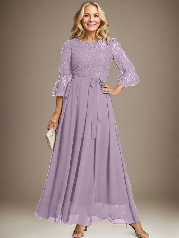 A-Line Scoop Neck Ankle-Length Lace Chiffon Mother of the Bride Dress with Bow