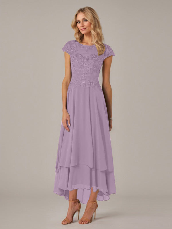 A-Line Boat Neck Illusion Asymmetrical Chiffon Lace Mother of the Bride Dress with Applique and Pleats