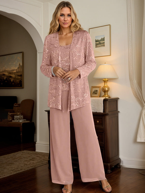Chiffon Mother of the Bride Pantsuit Set with Jacket and Sequins