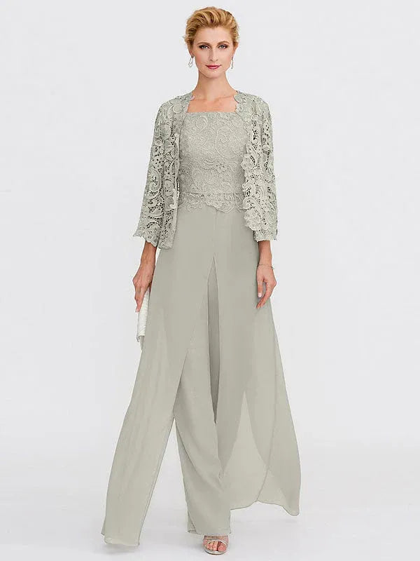 3-Piece Chiffon Square Neck Mother of the Bride Pantsuit Set with Jacket
