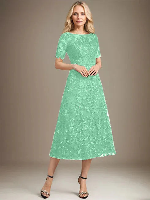 A-Line Scoop Neck Illusion Tea-Length Lace Mother of the Bride Dress with Sequins