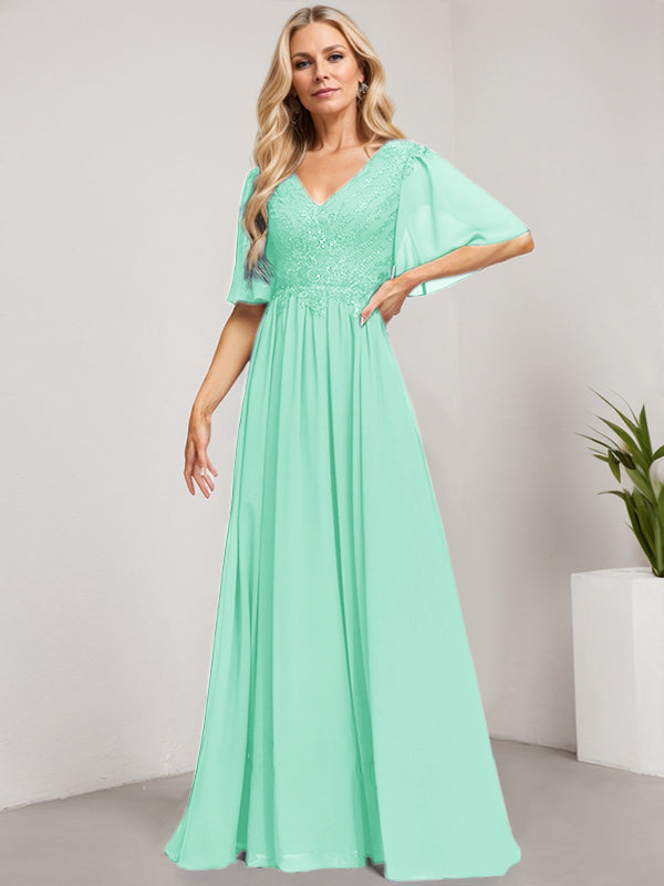 A-Line V-Neck Floor-Length Lace Chiffon Mother of the Bride Dress with Sequins