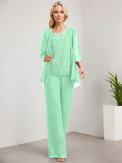 Floor-Length Lace Chiffon Mother of the Bride Jumpsuit/Pantsuit with Scoop Neck and Sequins