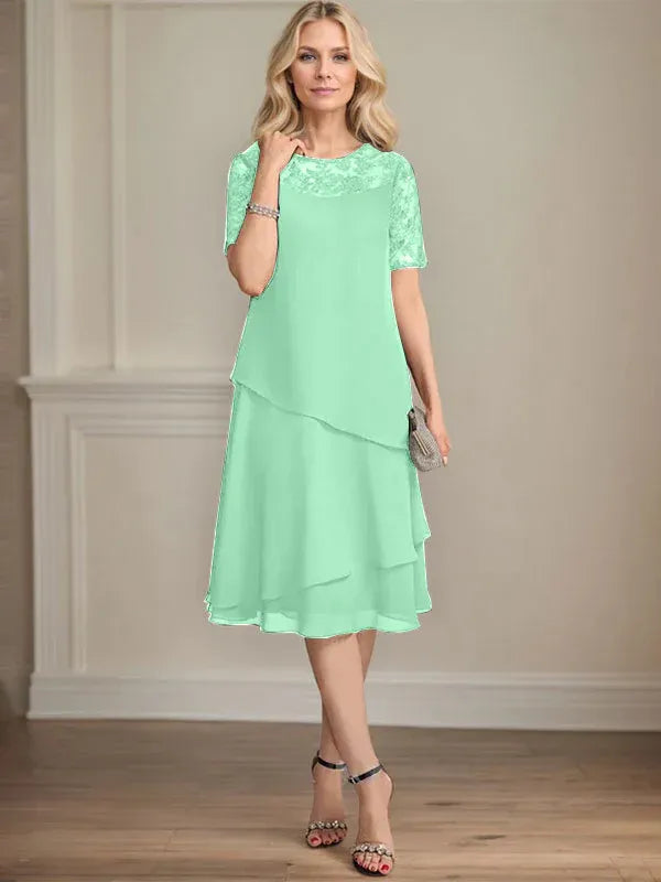 A-Line Scoop Neck Illusion Knee-Length Lace Chiffon Mother of the Bride Dress with Sequins