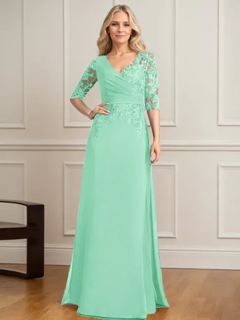 A-Line V-Neck Floor-Length Lace and Chiffon Mother of the Bride Dress with Pleated Sequins