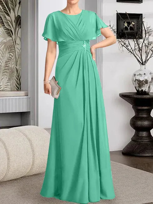 A-Line Scoop Neck Floor-Length Chiffon Mother of the Bride Dress with Pleated Beading