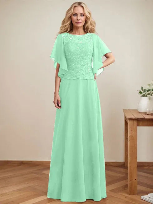 A-Line Scoop Neck Illusion Floor-Length Lace Chiffon Mother of the Bride Dress with Sequins