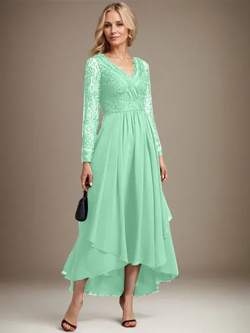 A-Line V-Neck Asymmetrical Lace Chiffon Mother of the Bride Dress
