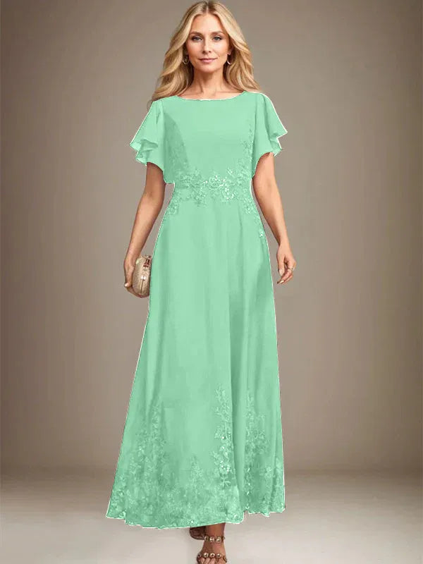 A-Line Scoop Neck Ankle-Length Lace and Chiffon Mother of the Bride Dress with Sequins