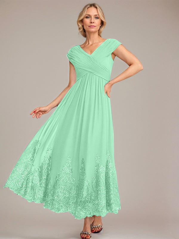 A-Line V-Neck Chiffon Mother of the Bride Dress with Appliqué and Sequins, Ankle-Length