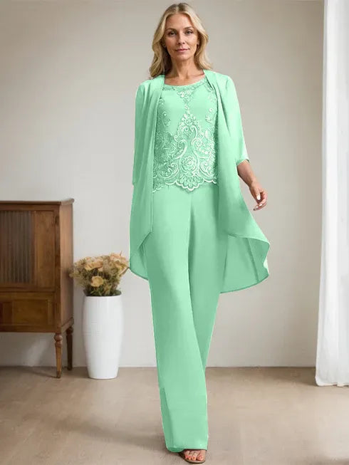 Floor-Length Chiffon Lace Mother of the Bride Jumpsuit/Pantsuit with Scoop Neck, Beading, and Sequins
