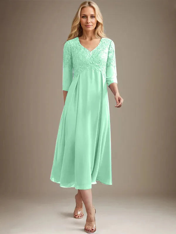 A-Line V-Neck Tea-Length Chiffon Lace Mother of the Bride Dress with Beading
