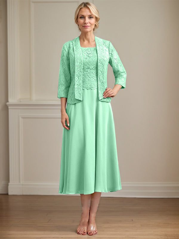 A-Line Scoop Neck Tea-Length Lace Chiffon Mother of the Bride Dress