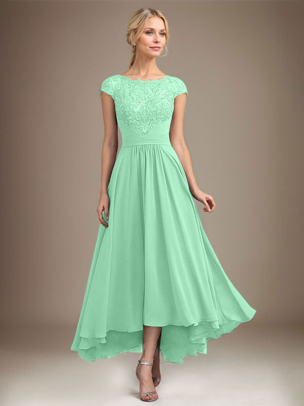 A-Line Scoop Neck Illusion Asymmetrical Lace Chiffon Mother of the Bride Dress with Pleats