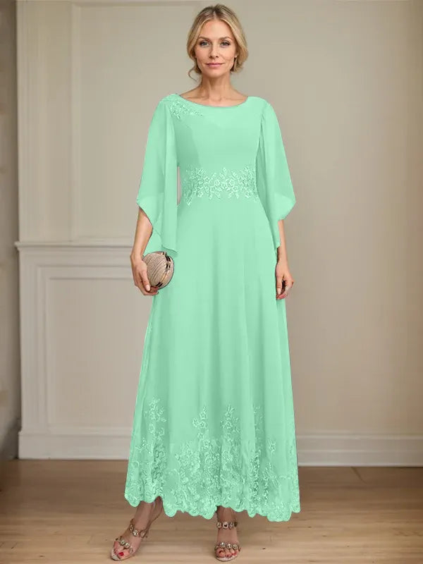 A-Line Scoop Neck Illusion Lace Chiffon Mother of the Bride Dress with Sequins and Ankle-Length Hem