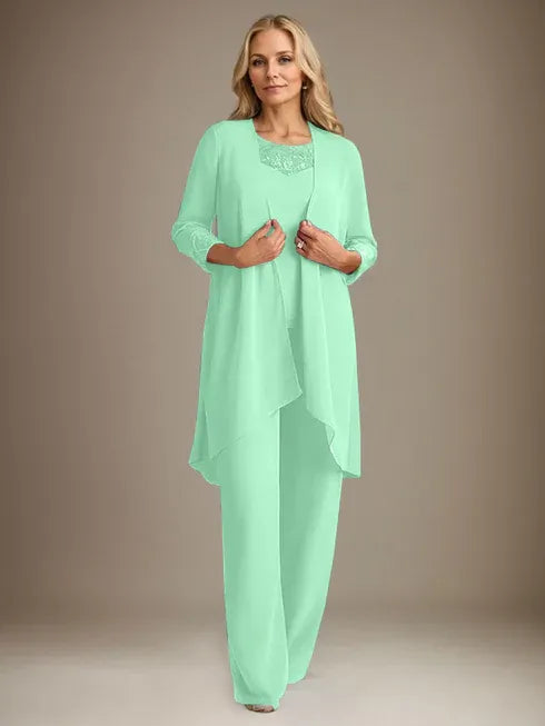 Chiffon Scoop Neck Long Sleeve Mother of the Bride Pantsuit with Jacket