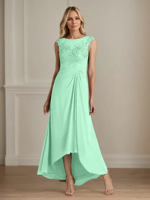 Champagne A-Line Lace and Chiffon Scoop Neck Dress