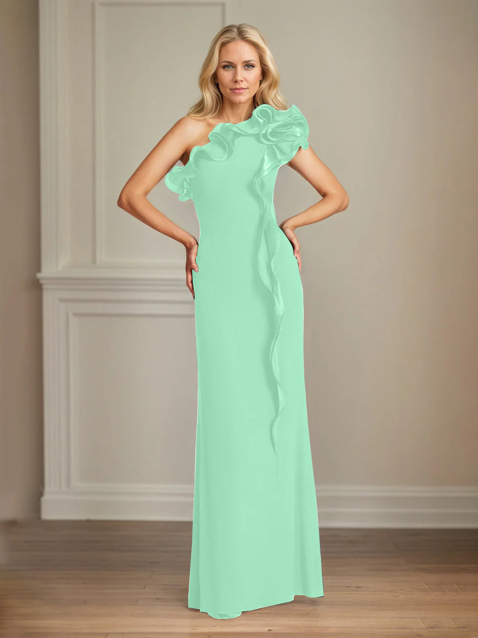 Navy Stretch Crepe One-Shoulder Sheath Dress with Ruffles – Floor-Length Mother of the Bride Gown