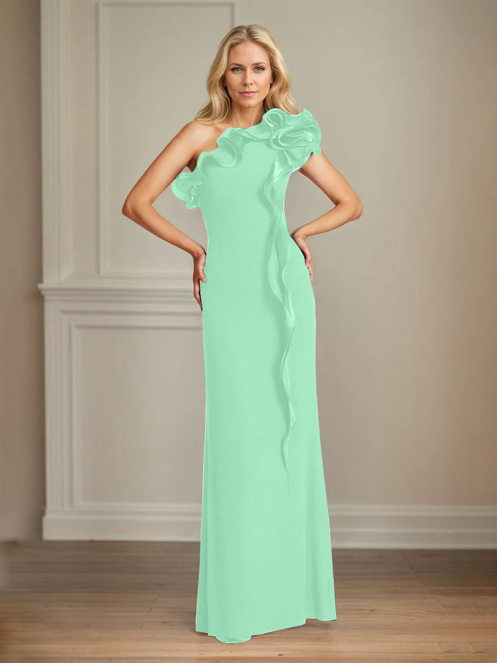 Navy Stretch Crepe One-Shoulder Sheath Dress with Ruffles – Floor-Length Mother of the Bride Gown