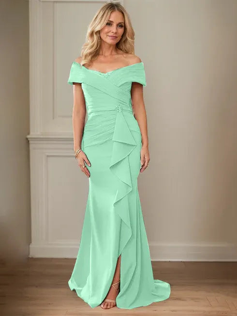 Floor-Length Lace and Chiffon Mother of the Bride Dress with Sheath/Column V-Neck Illusion and Pleated Sequins